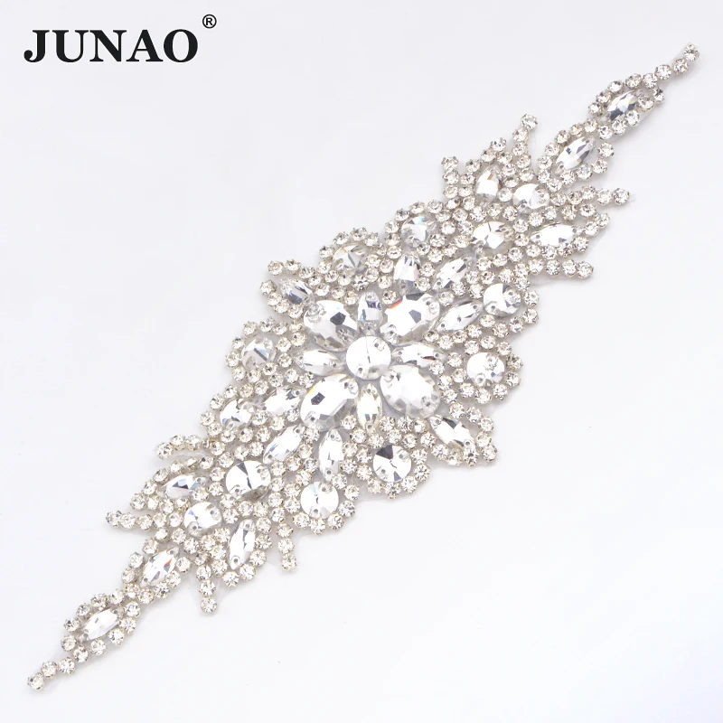 

JUNAO 90*240mm Sewing Clear Flower Rhinestone Applique Iron On Patches Hotfix Transfer Crystal Motifs for Wedding Dress Crafts