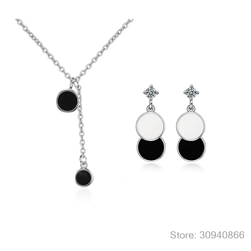 

925 Sterling Silver Jewelry Sets Epoxy Black Round Wafer Necklace+Earrings For Women Korean Fine Jewelry