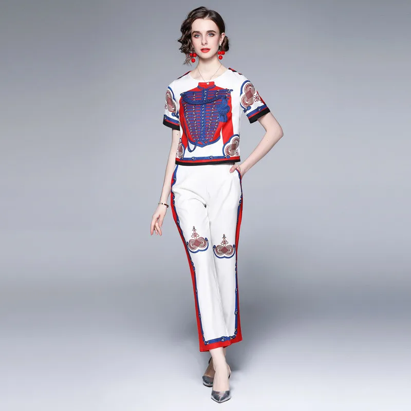 

Женский спортивный костюм из двух предметов, элегантная повседневная футболка с круглым вырезом и коротким рукавом и брюки с принтом, летни...