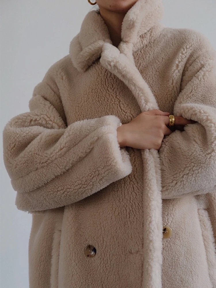 Классическое длинное меховое пальто с лацканами Тедди кашемировая шерстяная