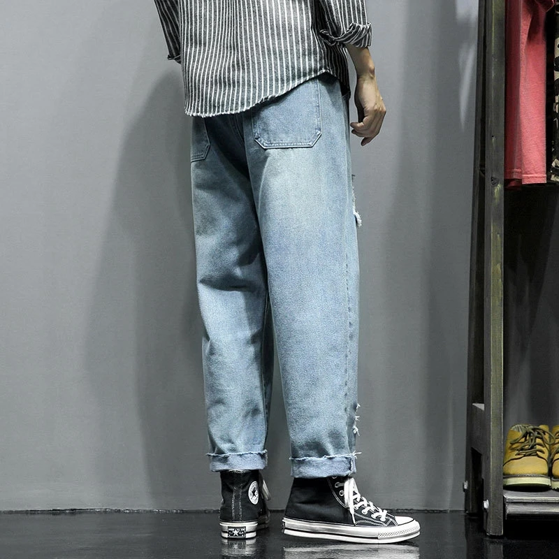 

Vintage Men's Straight Jeans Ripped plus size Hip Hop Blue Jean for Men Mens Denim Pants Men Fashion 2021 Trousers