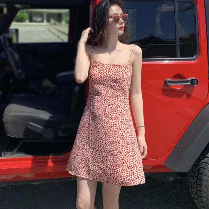 

Women Floral Print Sleeveless Dress Spaghetti Strap Sweet Dress Female Sexy Summer Dress