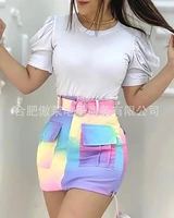 white shirt color skirt with belt