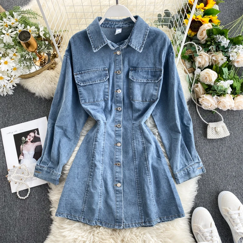 Джинсовое платье женское Синее джинсовое 2019 Новое темпераментное приталенное