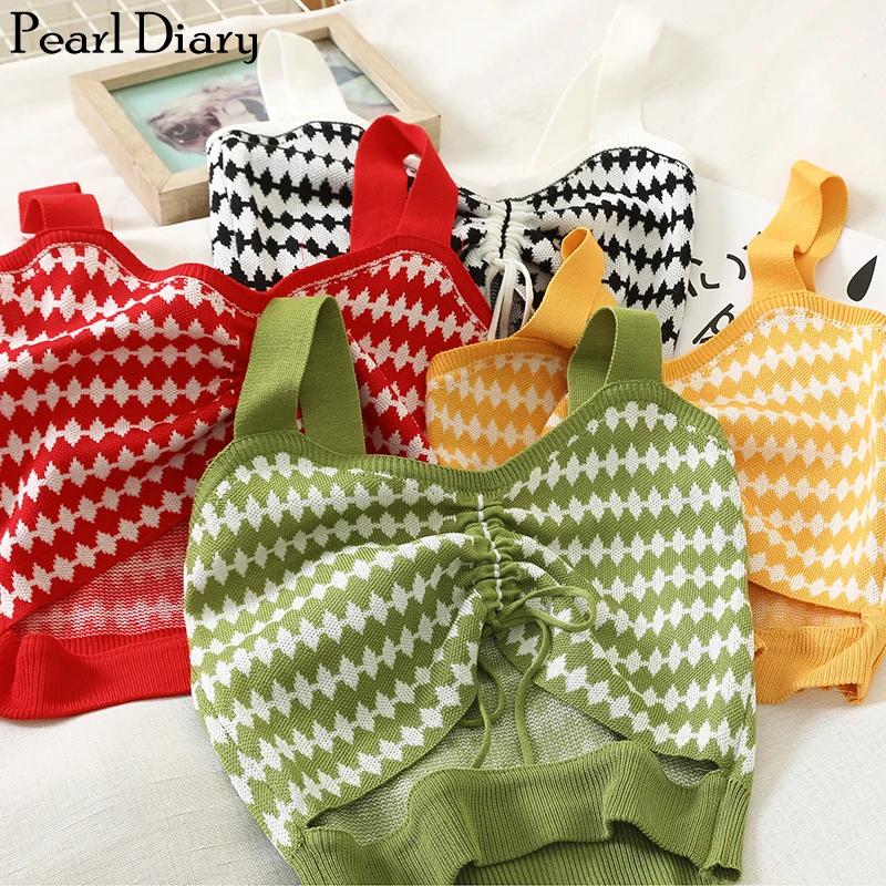 

Pearl Diary Knitted Cami Crop Top With Cut Out Vintage Knitted Cropped Vest Front Ruched Draswtring Strappy Crop Knitted Cami