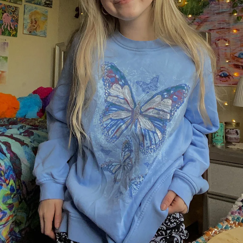 

Женские толстовки с принтом бабочки, свободные хлопковые теплые свитшоты с длинным рукавом, толстовки большого размера на осень