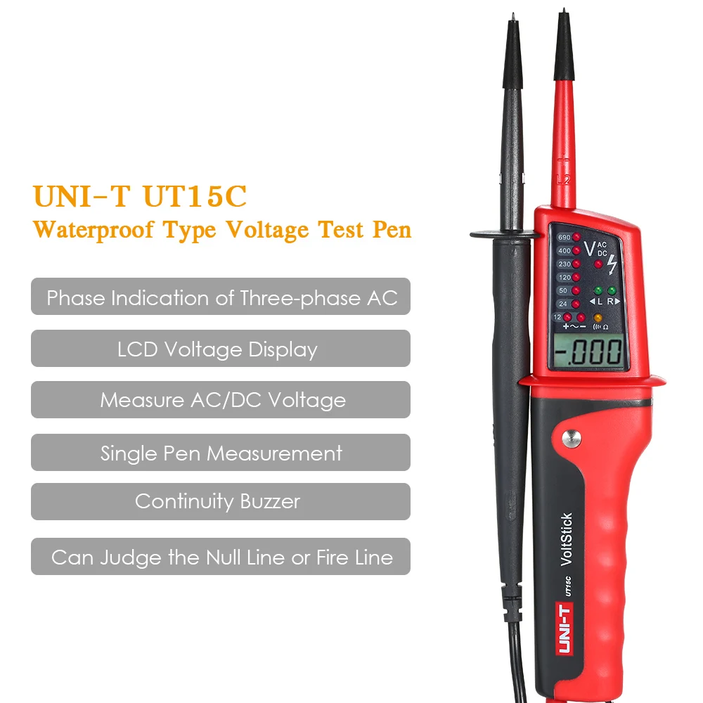 

Цифровой тестер напряжения UNI-T UT15C, измеритель напряжения 24 В ~ 690 В переменного/постоянного тока, тестер напряжения с ЖК-дисплеем и автоматич...