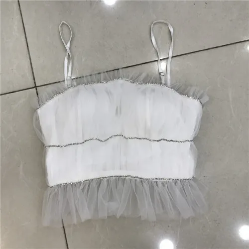 Rhinestone Mesh Camisole Women's Slim Fit Short Pleating Sling Shirt Sexy Crop Top Girls Ladies Blusas Mujer 2021