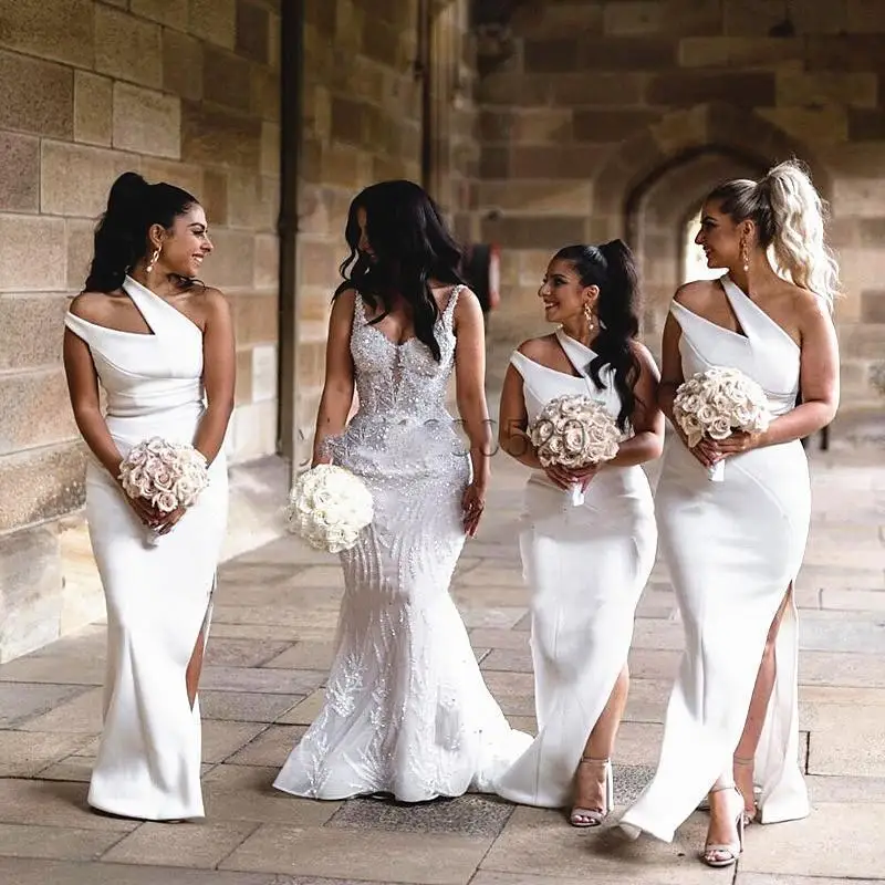 

Cheap Simple One Shoulder Sheath Bridesmaid Dresses Satin Side Split Maid Of Honor Gowns Wedding Guest Dress Maid of Honor Gowns