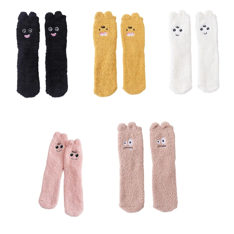 

85WB Women Cute Animal Embroidery Fuzzy Slipper Socks 3D Ears Fluffy Warm Hosiery
