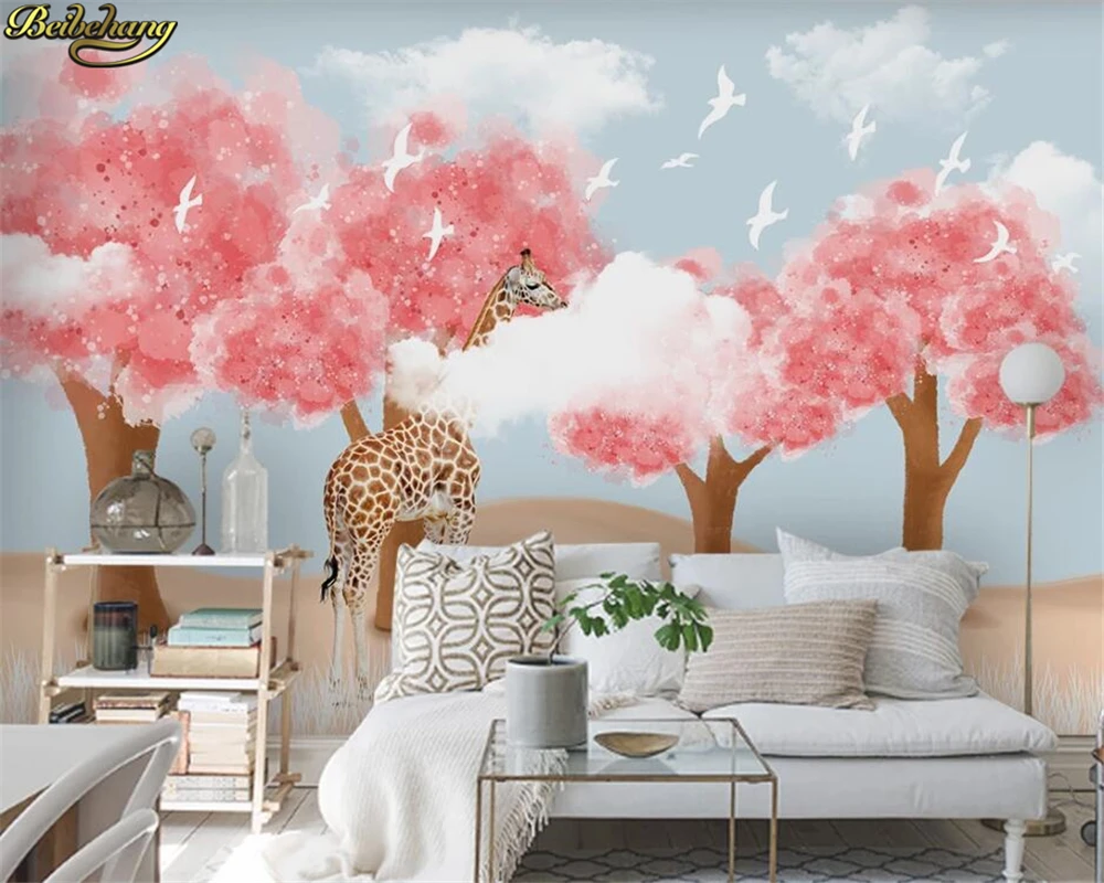 3D обои beibehang на заказ роспись в скандинавском стиле ручная лес жираф голубое небо