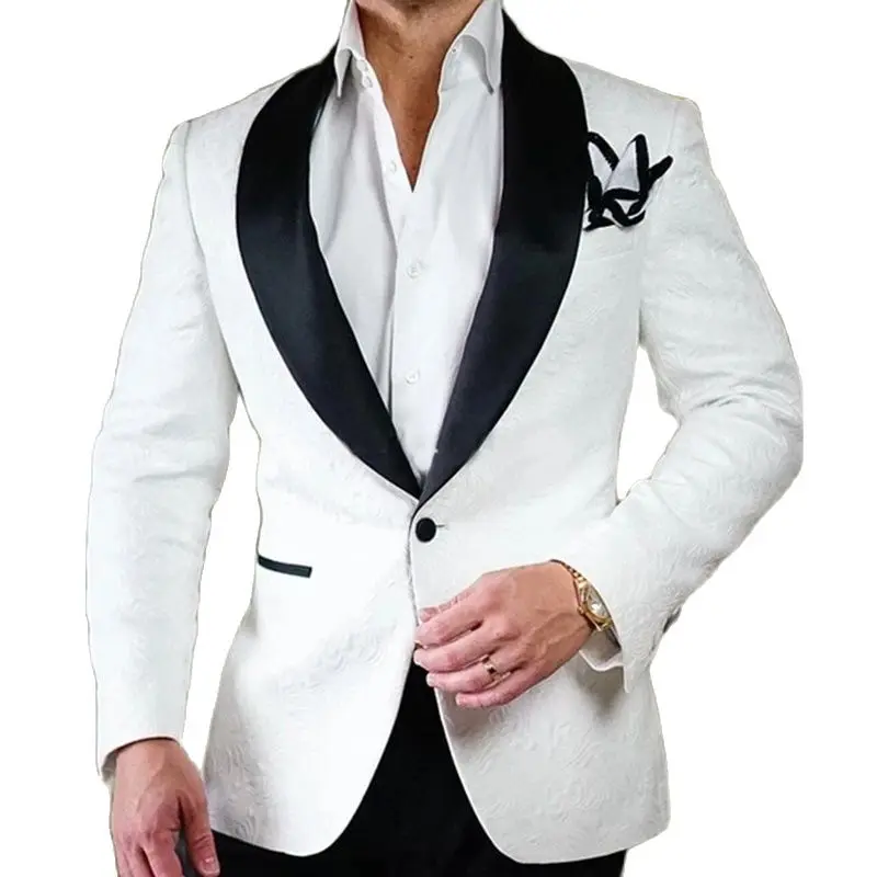 

White Paisley Floral Groom Tuxedos with Black Pants Shawl Lapel Groomsmen Mens Wedding Suits 2 Piece Male Fashion Blazer 2021