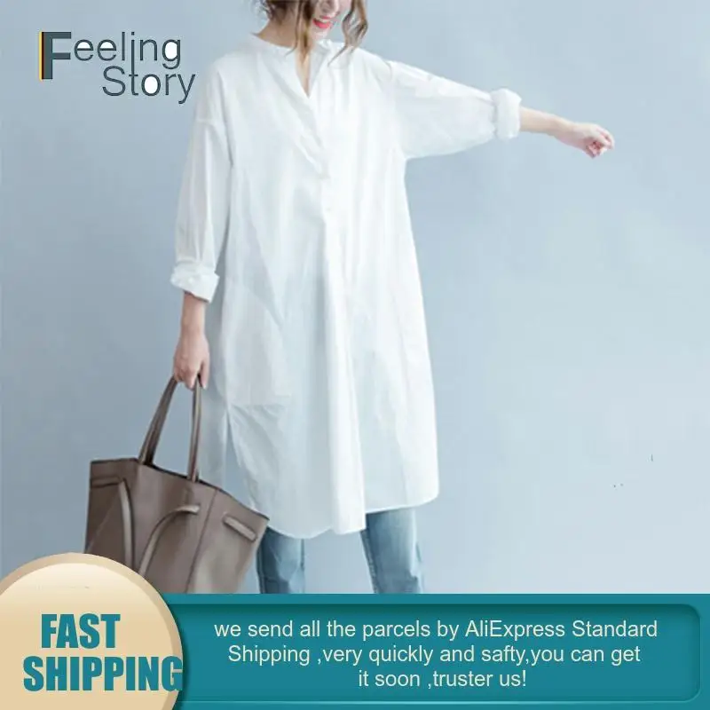 Женское платье рубашка с воротником в Корейском стиле размера плюс белое
