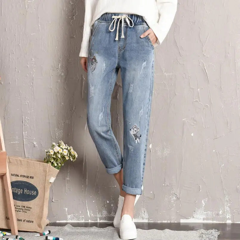 

7XL 8XL Mom Jeans Woman Elastic Waist Plus Size Loose Denim Harem Pants Boyfriend Women Washed Cotton Ankle Jean Femme w166