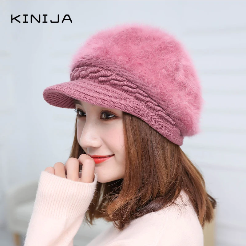 Зимние теплые женские вязаные шапки бини шапка из кроличьего меха теплая и