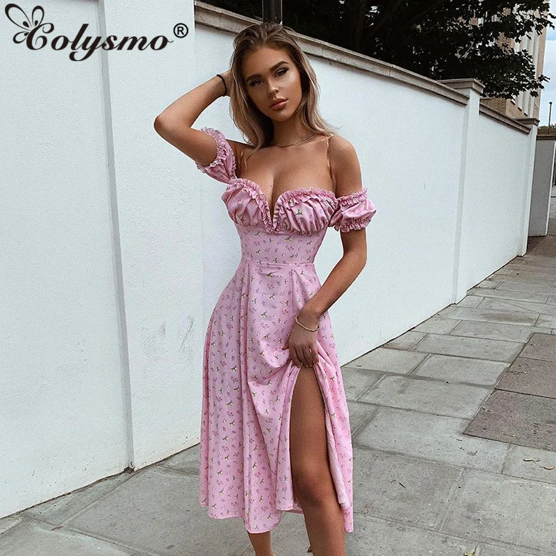 Женское длинное платье с цветочным принтом открытыми плечами и воланом|Женские