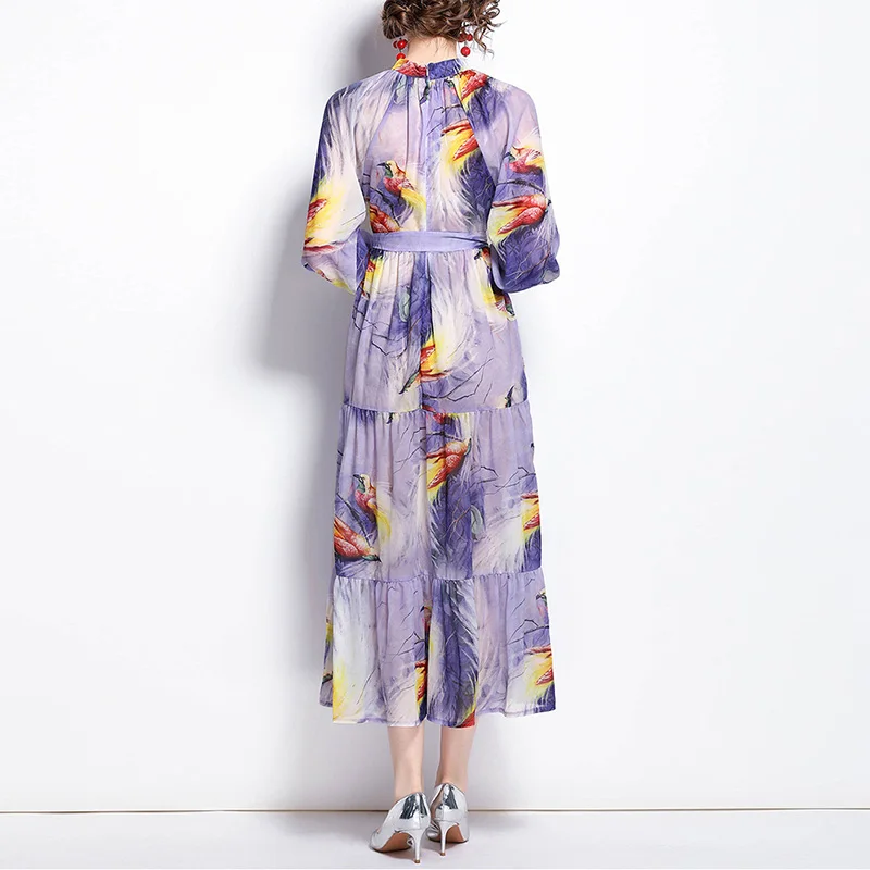

ZCWXM Autumn Dresses Woman Party Night 2021 Elegant Tiered Chiffon Midi Dress With Belt 3/4 Sleeve Vintage Print Spring Dress