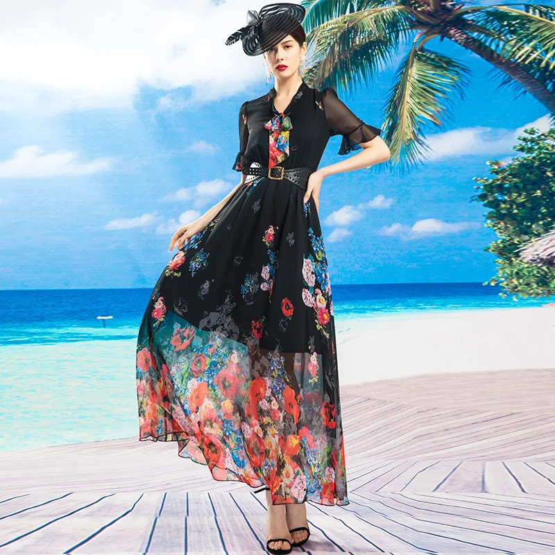

M to 4XL 2021 Summer Latest Vintage Fashion Euro Style Long Maxi Black Chiffon Dress Woman