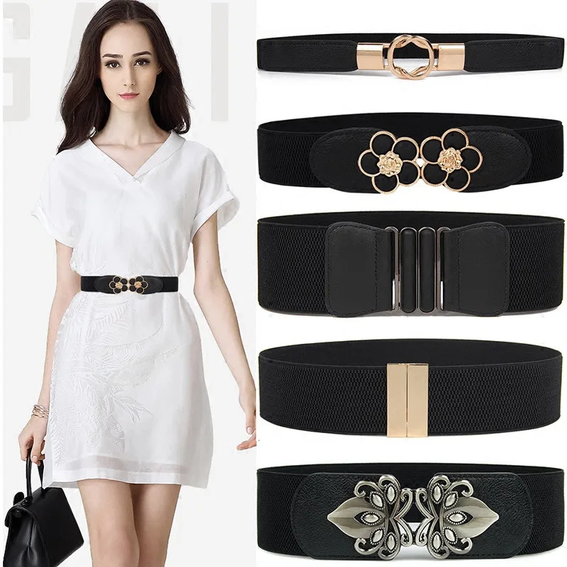 

High Quality Belts for Women Black Waist Elastic Ladies Band Round Buckle Decoration Coat Sweater Fashion Dress Rice White