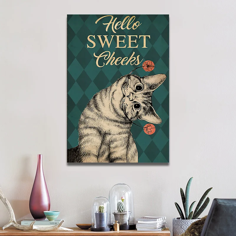 

Hello Sweet Cheeks Poster Funny Cute Cat Canvas Prints Painting Cat Lovers Gift Retro Sign Wall Art Picture for Home Decor