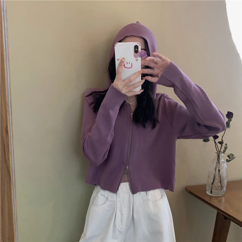 

Loose Double Zipper Hooded Sweater for Women Early Autumn 2020 New Korean Style Short Long Sleeve Sweater Casual Top Fashion