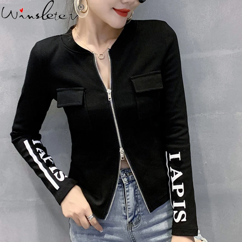 

New 2021 Tshirt Jacket Women Stand Collar Zipper Dual Pockets Letters Slim Tops Stretchy Long Sleeve Black Gray White T0D509A