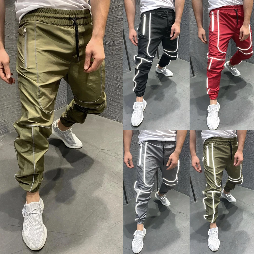 

2020 Pop Men Reflective Pants Loose Streetwear Hip Pop Pants Waterproof Boys Night Club Elastic Waist Casual Dance Long Pant Men