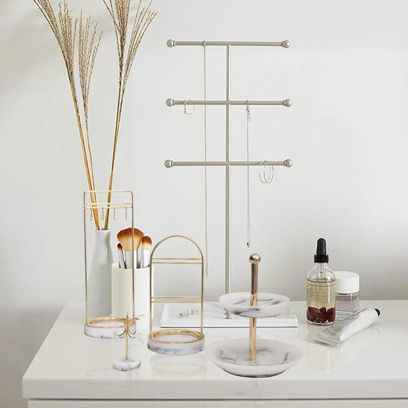 

4Pcs Marble Pattern Earrings Necklace Ring Stand Jewelry Display Stand Window Display Set