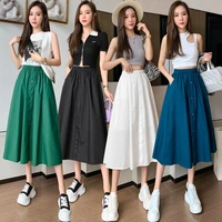 tooling skirt womens single breasted design solid color versatile umbrella skirt medium length skirt high waist pocket casual