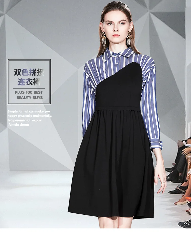 

2020 Fashion Fake Two Pieces Striped Patchwork Roman Slim Women Dresses Spring High-End Turn-down Collar Office Lady Dresses