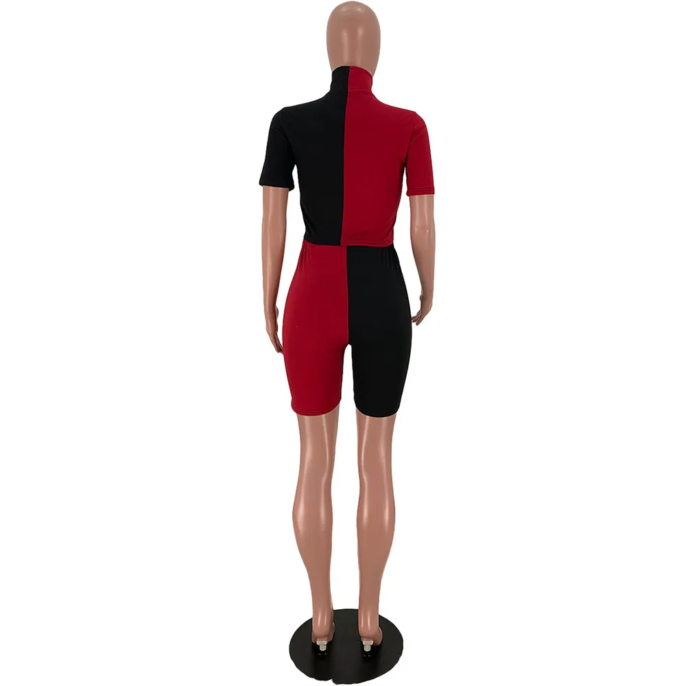 

Color Block Patchwork Fitness Two Piece Matching Set Women Short Sleeve Cropped Top and Skinny Biker Short Loungewear Outfits
