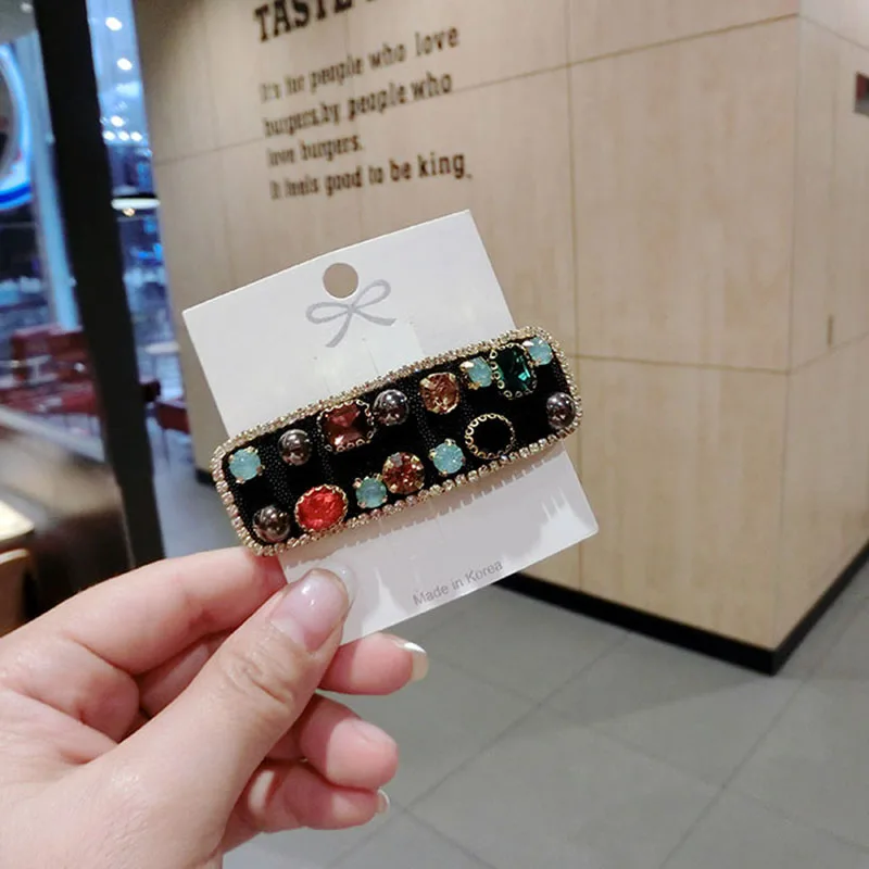 

Korea Colorful Rhinestone Pearl Barrettes Luxury Baroque Hairpins Women Vintage Fashion Headwear Duckbill Clip Hair Accessories