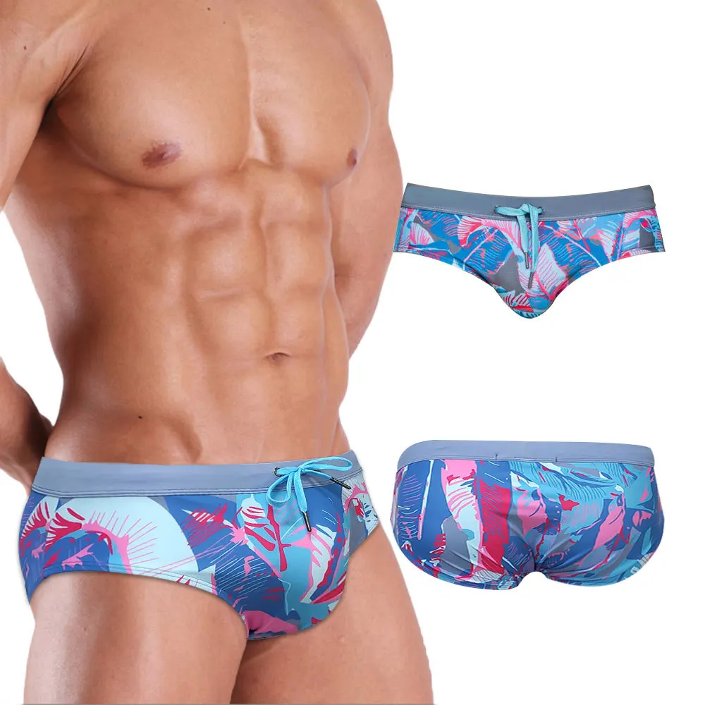 

Queshark Pro Men Swim Briefs Colorful Plant Printed Triangle Swimwear With Push Pad Cup Tether Beach Pants Spa Surf Shorts