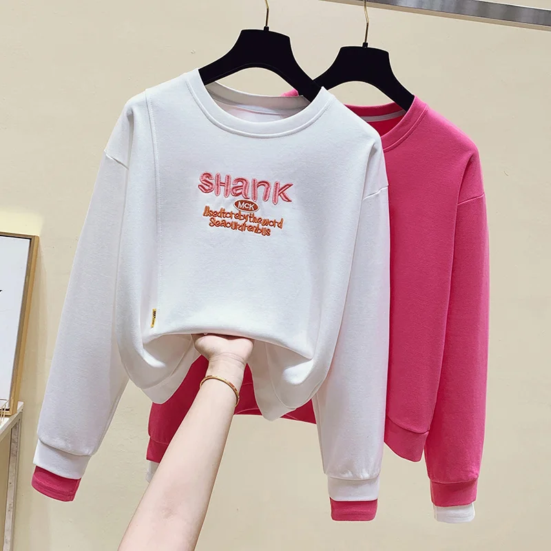 Autumn Korean Design Letter Embroidery Sweatshirt Fake Two Piece Creativity O-Neck Pullover Tops Moletom Feminino 2021