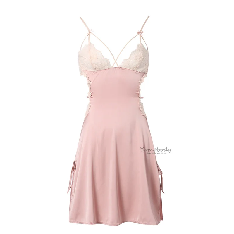 

Sexy Sleepshirts V-neck Spaghetti Strap Dress Temptation Beauty Back Nightdress Female Nightgowns Satin Lace Nighties for Women