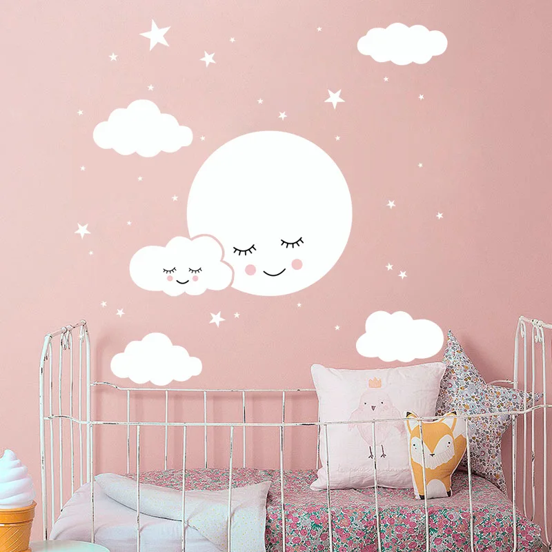 

White cartoon smiley cloud stars wall sticker kids baby rooms decorations mural bedroom wallpaper home decals nursery stickers