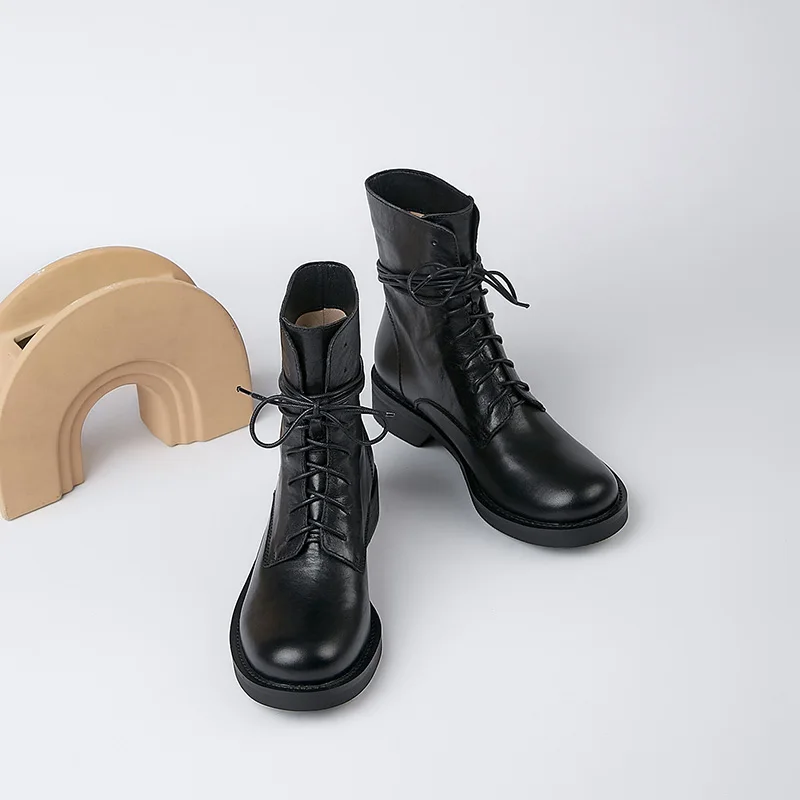spesifikasi Sepatu Bot Wanita Kulit Sapi Asli Mordoan Sepatu Bot Pendek Bertali Ujung Bundar Wanita Sepatu Bot Flat Hak Tebal Wanita Gaya Inggris