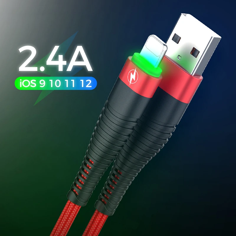 Кабель Освещения 2.4A для iPhone XR X XS Max 7 8, Кабель зарядного устройства, светодиодный, высокопрочный кабель для передачи данных и зарядки телефона