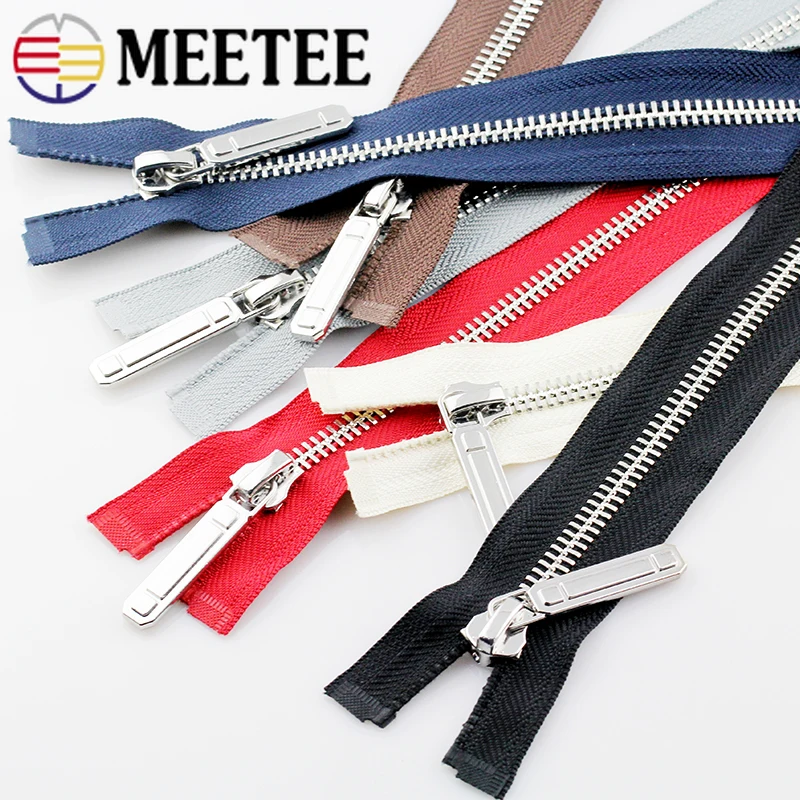 Meetee 1pc 70-150cm 8# Metal Zipper Open-End Auto Lock Single Open Silver Tooth Decor Zip DIY Jacket Coat Textile Accessory |