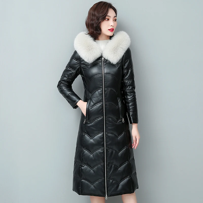 New Women Leather Down Coat Autumn Winter 2022 Fashion Soft Real Fox Fur Collar Hooded Solid Slim Long Sheepskin Down Jacket