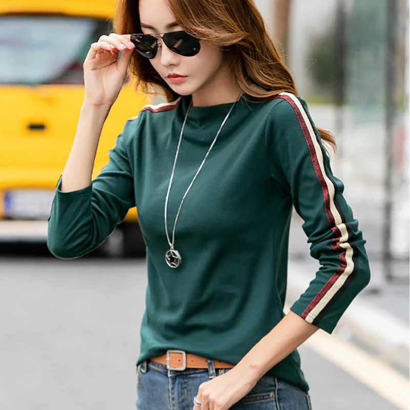 

shintimes White Half High Collar Tee Shirt Femme Tops 2020 Autumn Cotton T-Shirt Casual Long Sleeve Woman Tshirts Womens Clothes