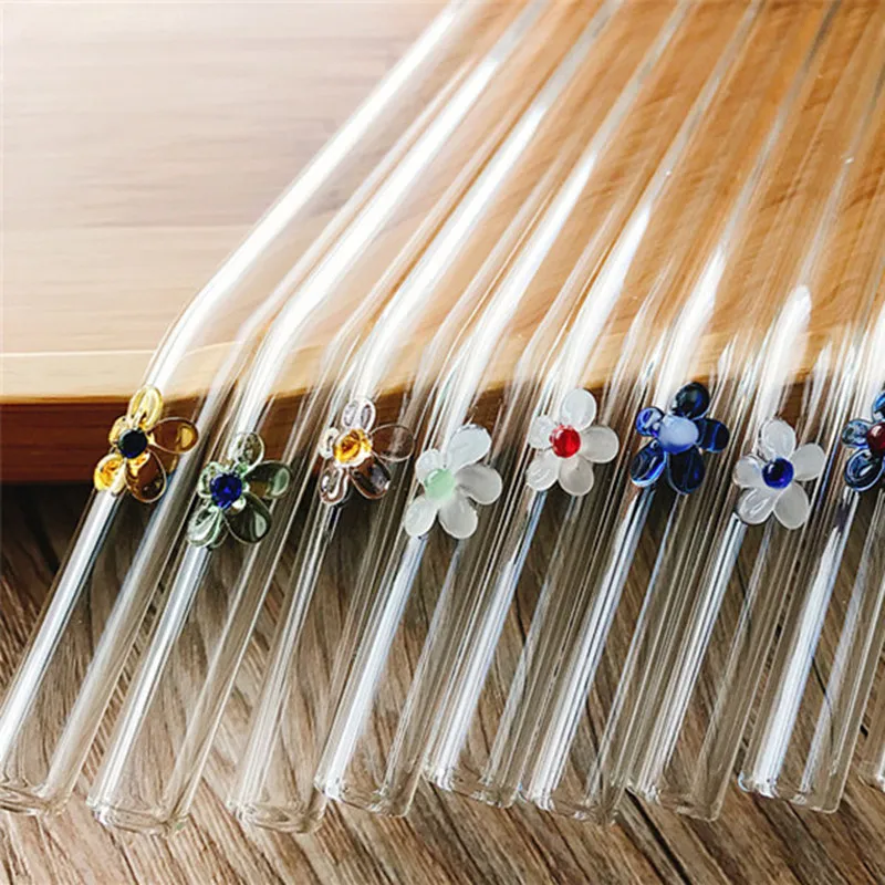 8PCS Creative Flower Straw Glass Reusable Drinking Straws Set Bent Curved Coffee Tea Juice Smoothies Brush | Дом и сад