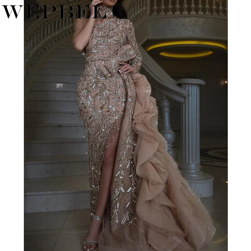 

WEPBEL Women Spring Sexy Sequins Tassel Evening Dress Ladies Elegant Long Sleeve Turtleneck High Waist Irregular Party Dress