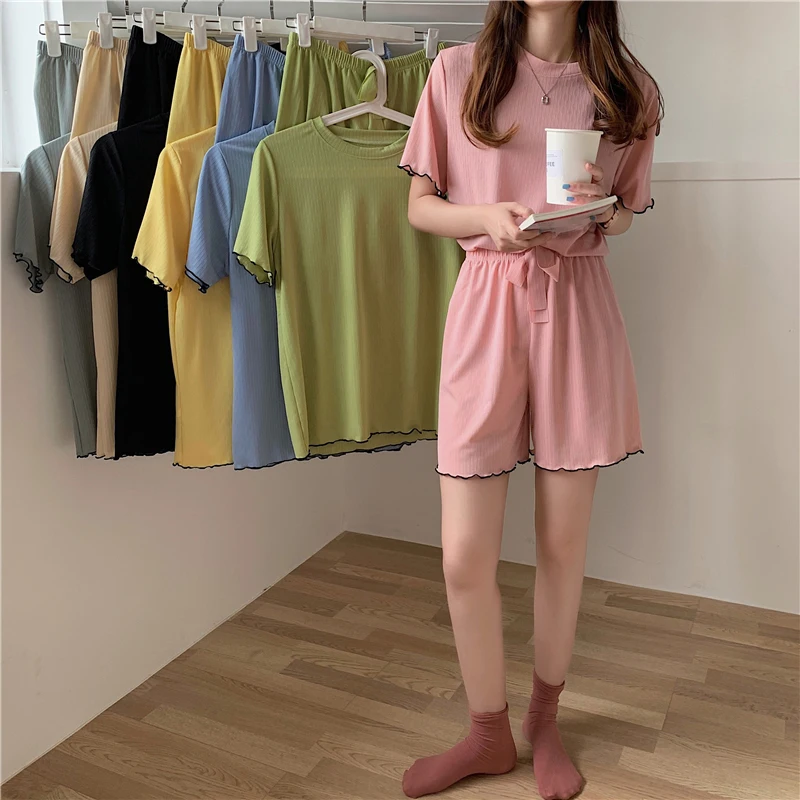

2 Piece Set Women T shirt + Shorts Fashion Round Neck Tshirts Cotton Tops Elastic Waist Shorts Korean Female Clothing Set 937#