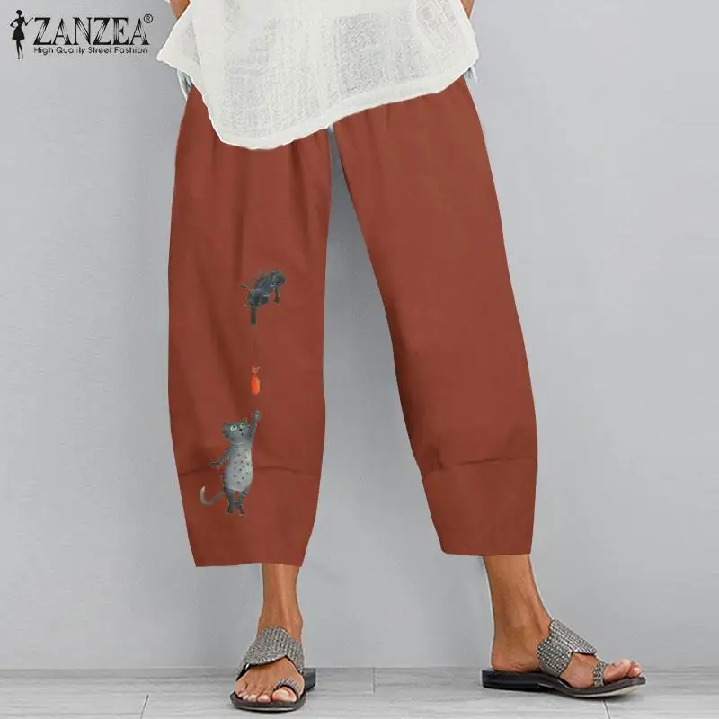 Брюки ZANZEA женские с принтом модные хлопковые шаровары повседневные брюки