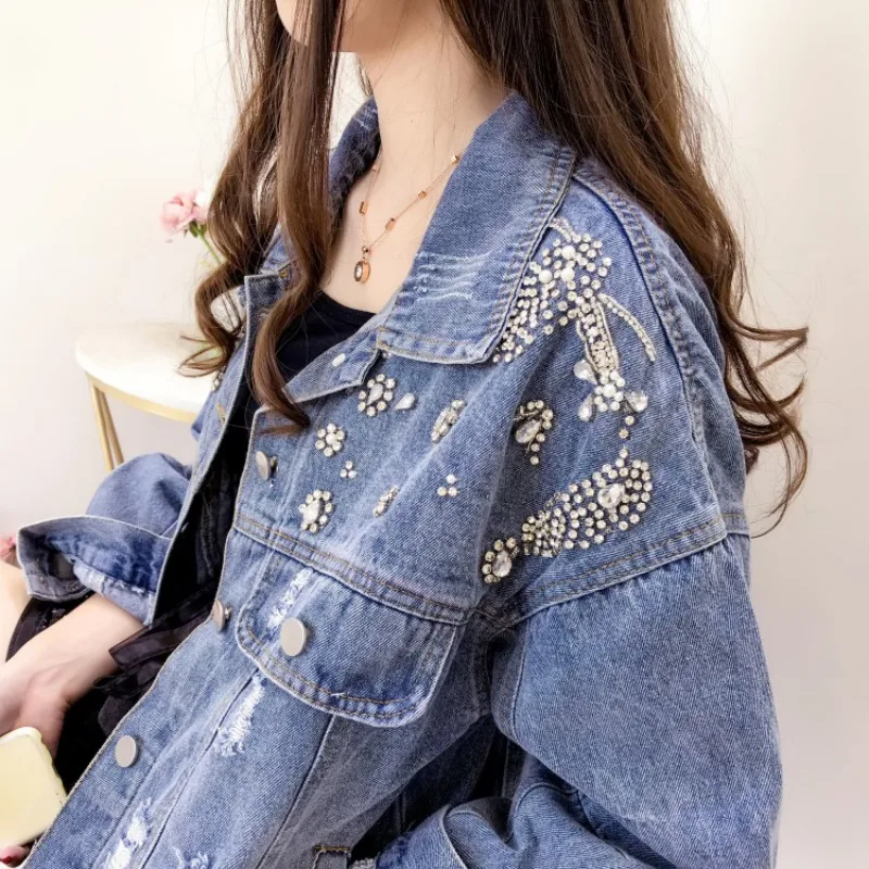 

Fashion Beading Denim Coat Women Autumn Vintage Loose Frayed Jacket College Style Single Breasted Diamond Blue Cowgirl Jacket