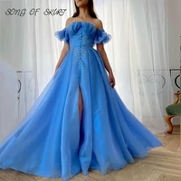 shiny tulle sweetheart evening dresses strapless high split off the shoulder ruffle prom party gown robe de soir%c3%a9e femme