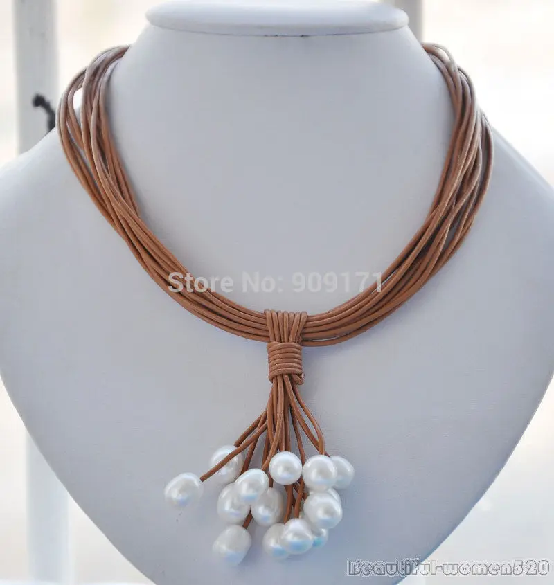 

15row 17" 13mm white rice pearl coffee leather grape necklace