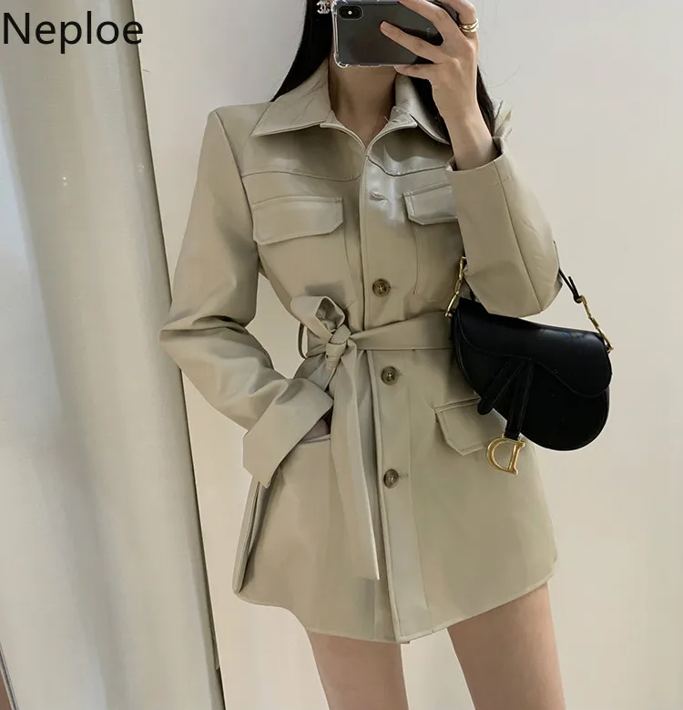 Neploe PU однобортный с поясом Женская куртка Верхняя одежда длинными рукавами Новая