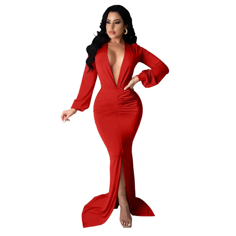 

2021 Autumn And Winter New Style Sexy Hip-Covered V-Neck Ruffled Long-Sleeved Mopping Floor Evening Dress Women